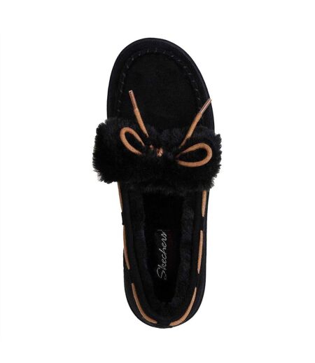 Womens/ladies Bow Faux Fur Trim Moccasin Slippers Black Skechers