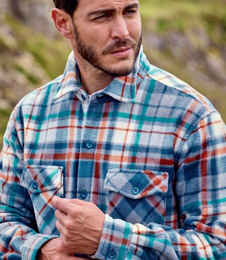 Men's Checked Fleece Overshirt - Ecru Blue Green Orange