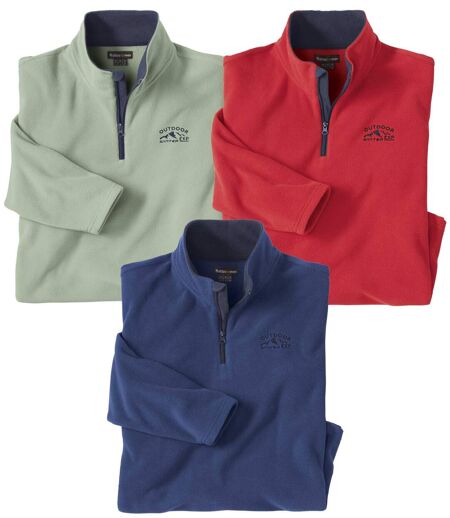 Pack of 3 Men's Microfleece Jumpers - Green Coral Blue