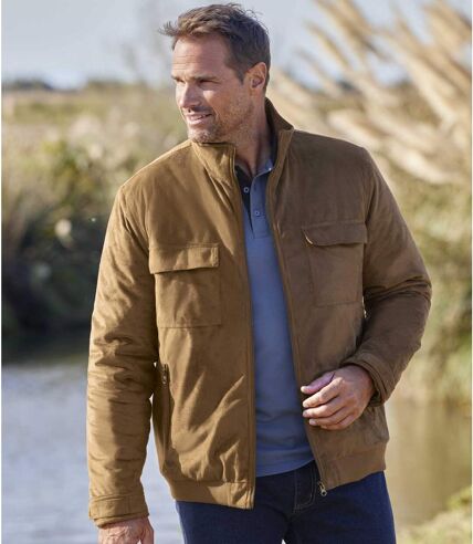 Men's Camel Quilted Faux-Suede Jacket - Water-Repellent