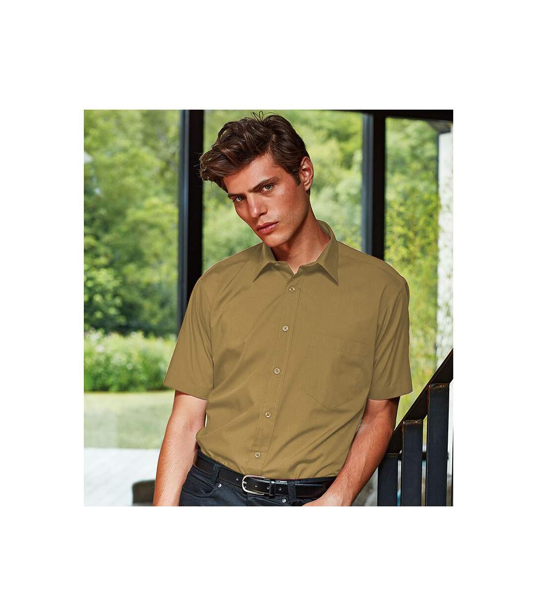 Mens short sleeve formal poplin plain work shirt khaki Premier