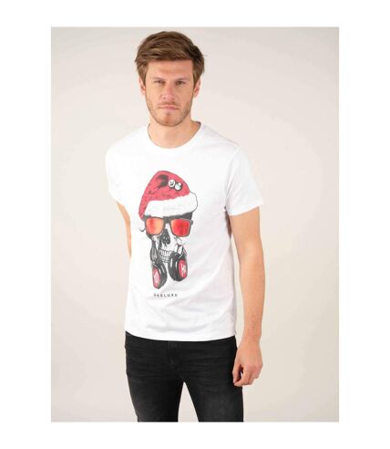 tshirt col rond avec tête de mort avec bonnet de père noël, lunettes rouges et casque audio XMAS