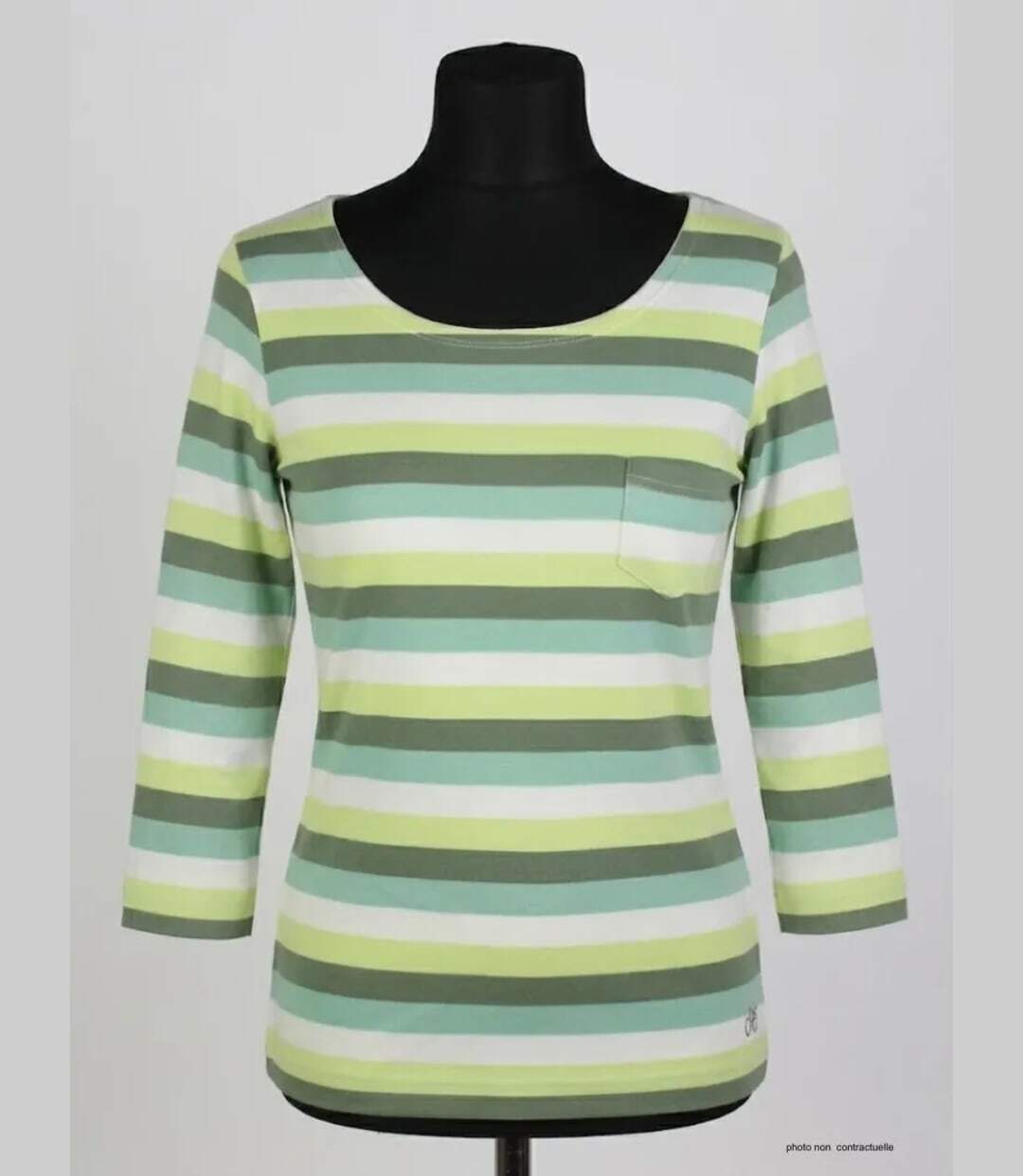 MAYFLOWER DIXIE2 - Tee-shirt manches 3/4 en coton rib : rayures blanc, aqua, kaki et vert-3