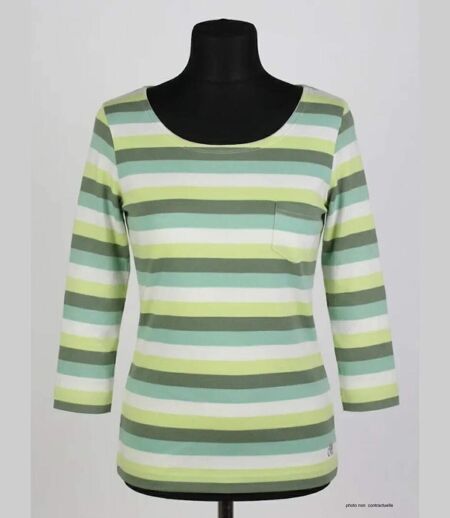 MAYFLOWER DIXIE2 - Tee-shirt manches 3/4 en coton rib : rayures blanc, aqua, kaki et vert