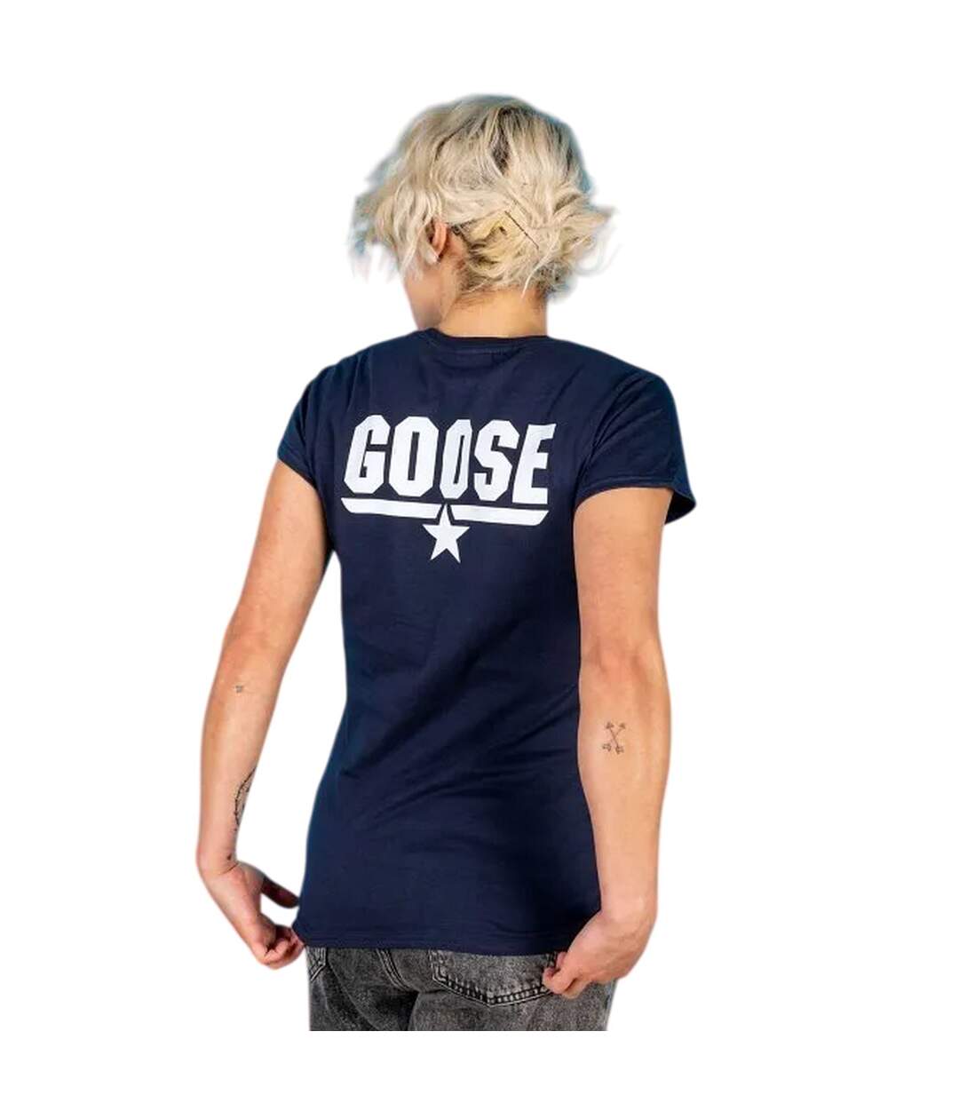 Womens/ladies Goose Back Print Fitted T-shirt Blue Top Gun-4