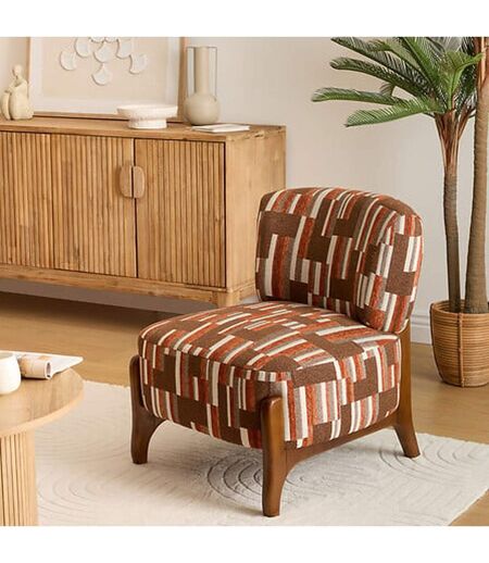 Fauteuil en chenille avec pieds en bois effet noyer CALIX - Marron
