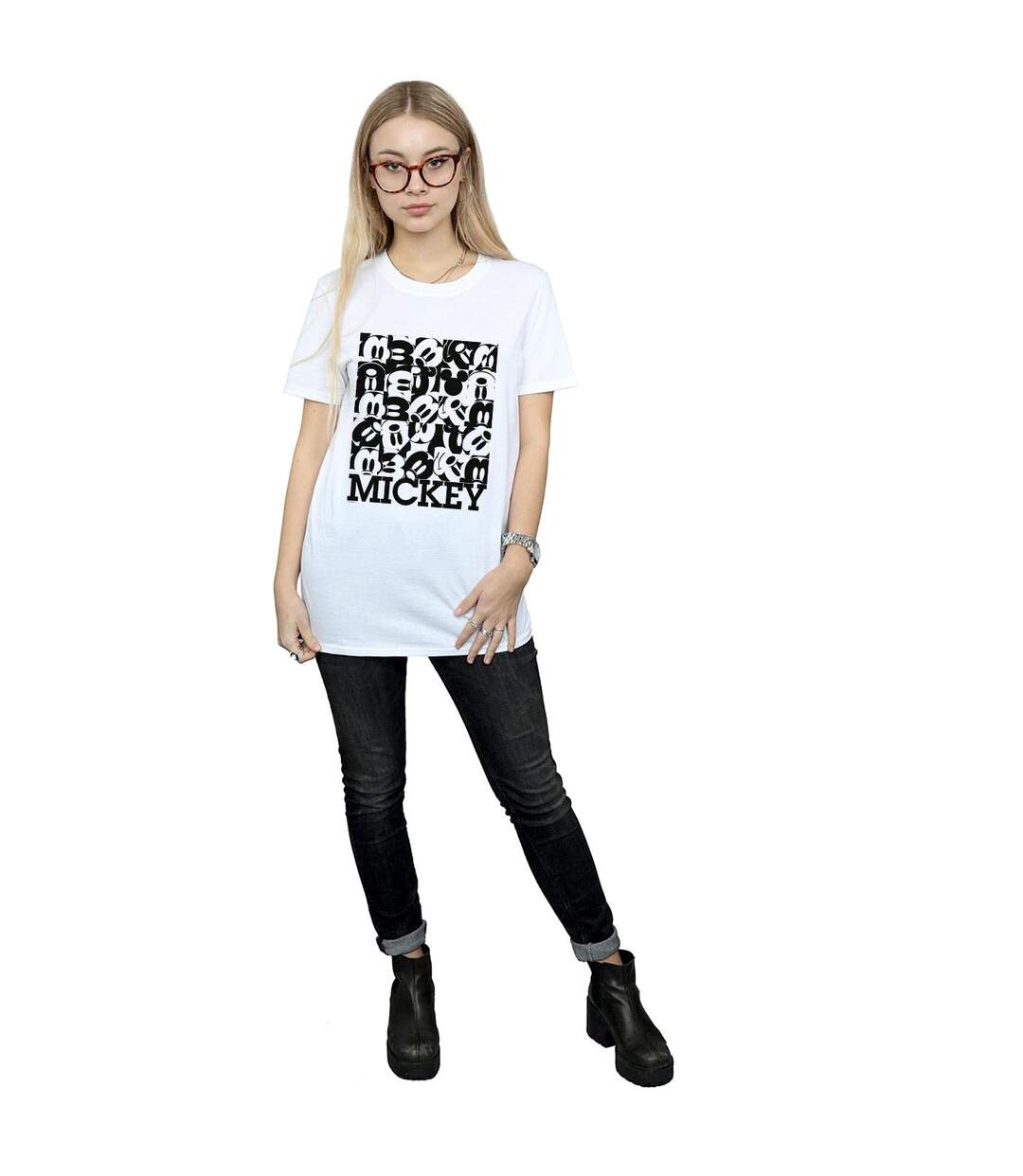 Disney T-shirt boyfriend en coton quadrillé Mickey Mouse Femme/Ladies (Blanc) - UTBI35824-4