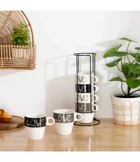 Lot de 6 Mugs Avec Rack  Love 26cl Beige