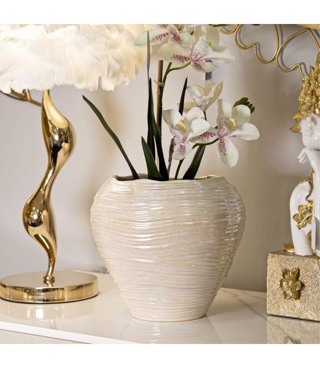 Vase Rond en Céramique Perly 27cm Blanc-4