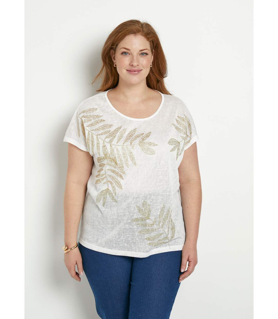 T-shirt col rond maille flammée motif doré-1