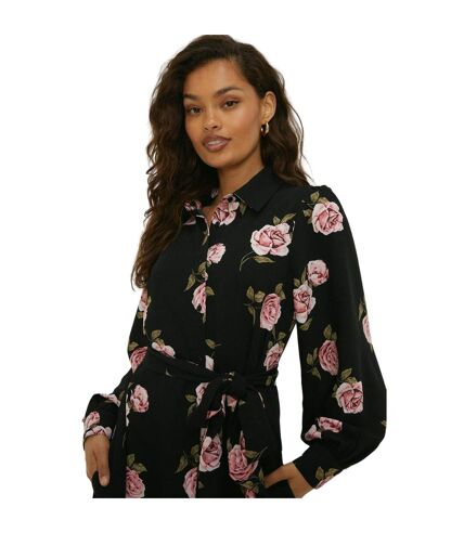 Womens/ladies floral waist tie petite midi shirt dress black Dorothy Perkins