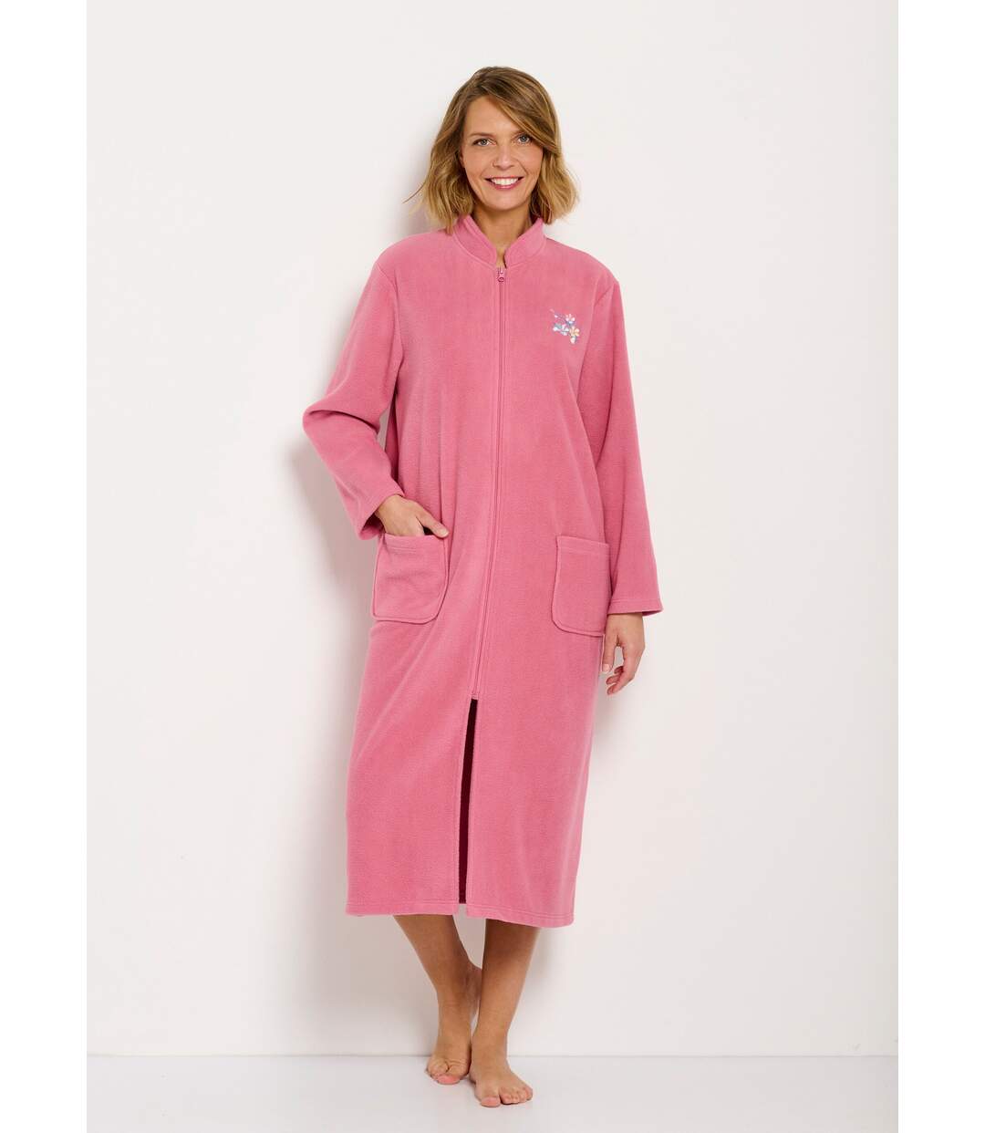 Peignoir zippé brodé chaud long polaire-1