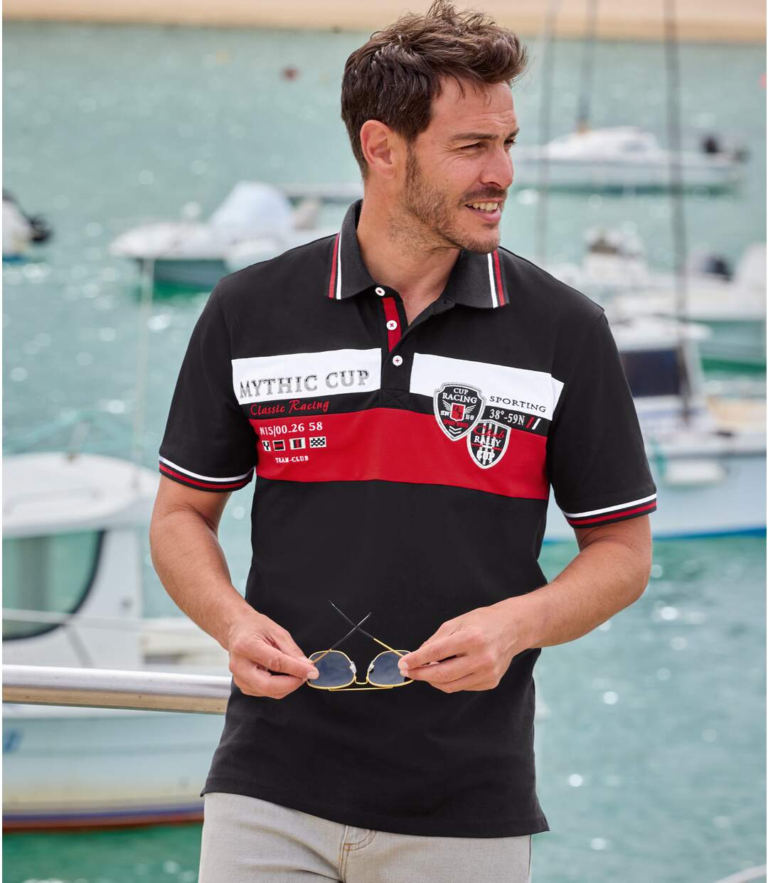 Black and red striped polo shirt hotsell