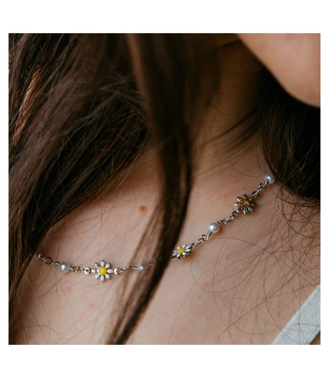 Colourful White Indie Boho Daisy Sun Flower Pearl Choker Floral Summer Necklace-2