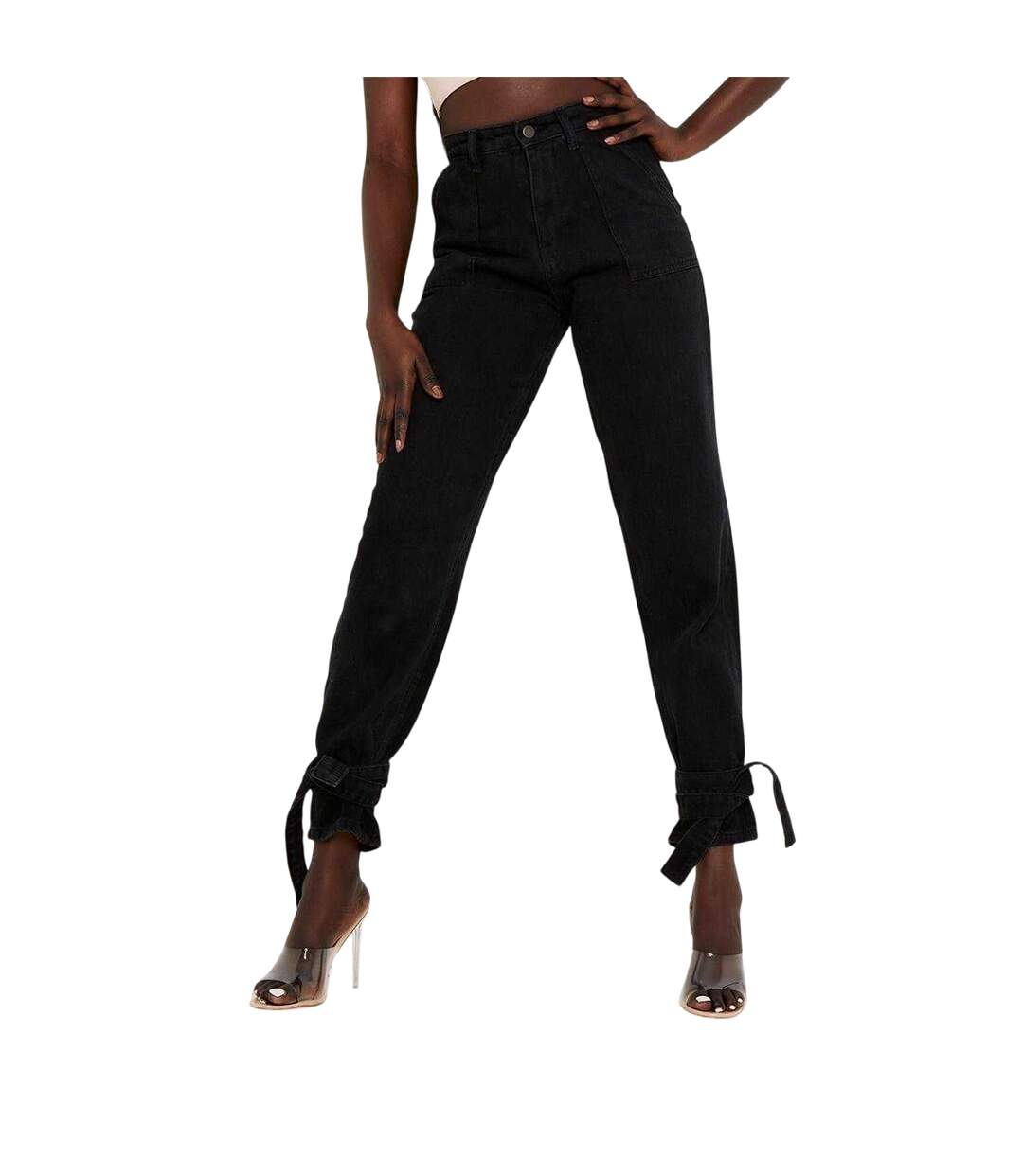 Womens/ladies Denim Tie Up Relaxed Fit Jeans Black Missy Empire-1