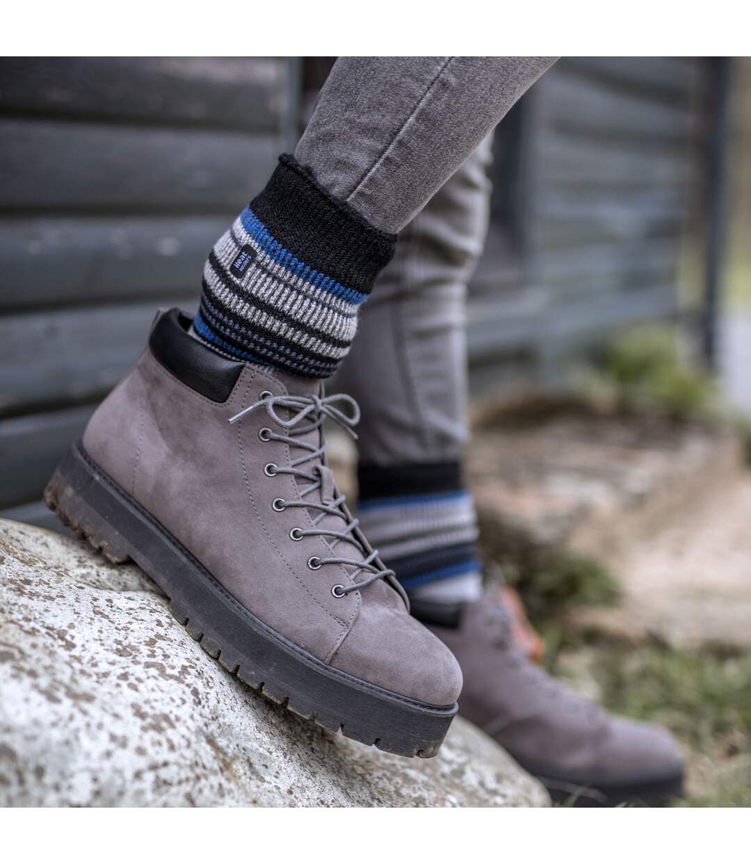 Chaussettes thermiques brossées à motifs pour hommes avec rayures-4