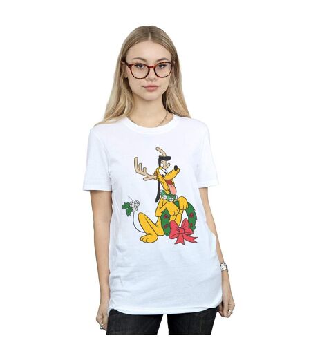 Disney Femme/Les femmes Pluto Christmas Reindeer Cotton Boyfriend T-Shirt (Blanc) - UTBI37773