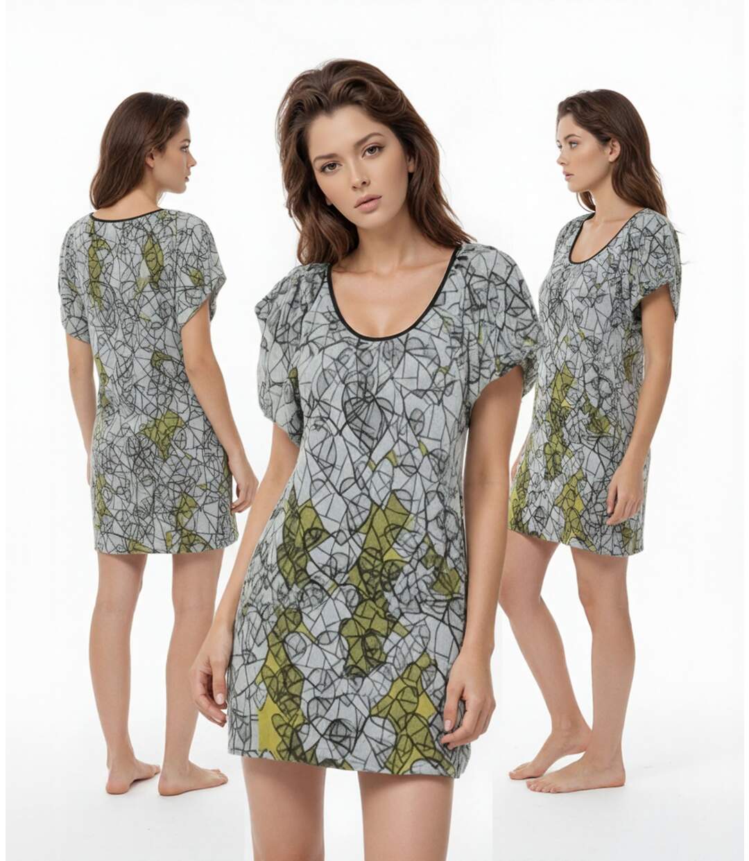 Robe féminine courte à  motifs graphiques, col rond et manches bouffantes - Chic et décontractée-2