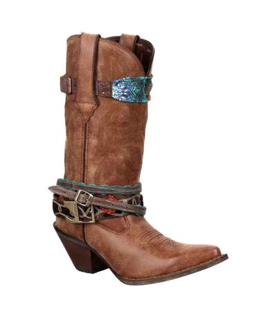 Womens/ladies Crush Leather Strap Mid Calf Cowboy Boots Brown Durango