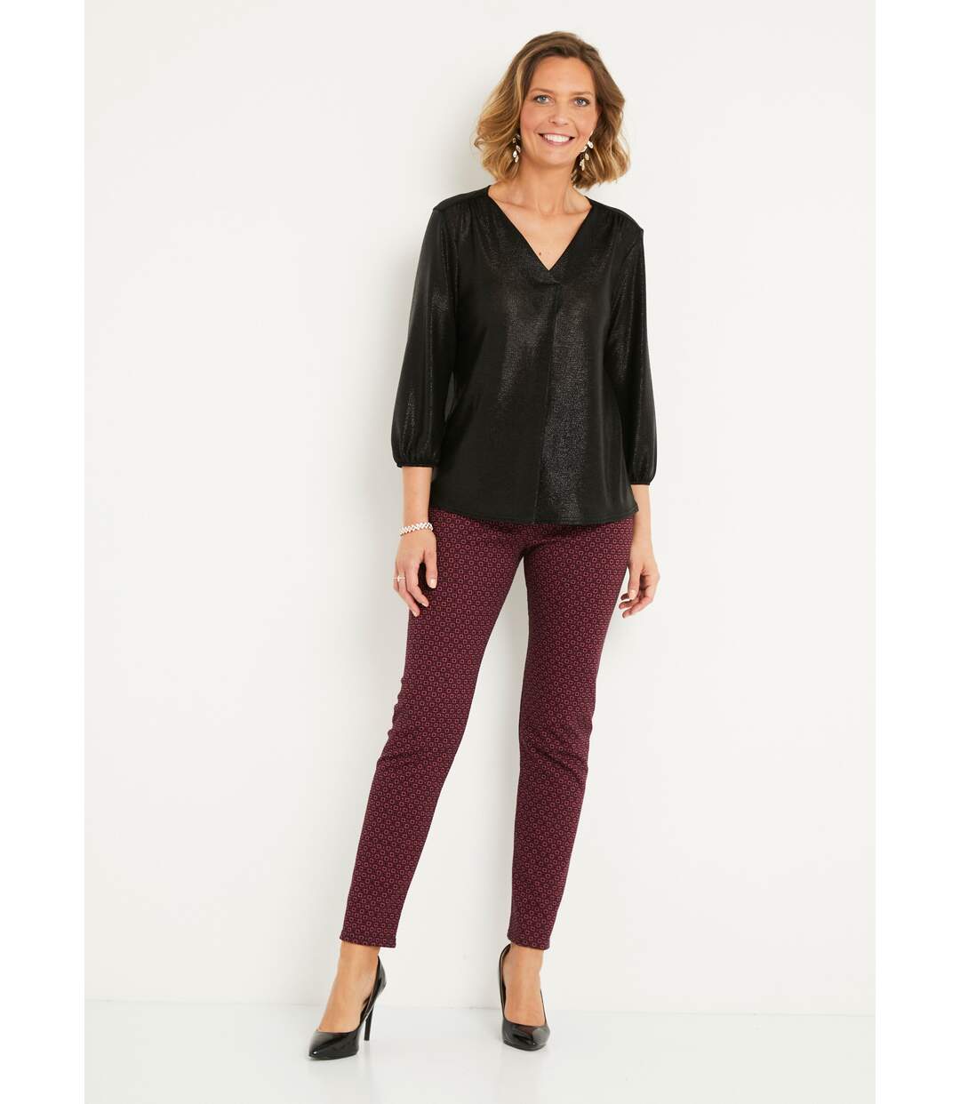 T-shirt mi long ample maille brillante col V-3