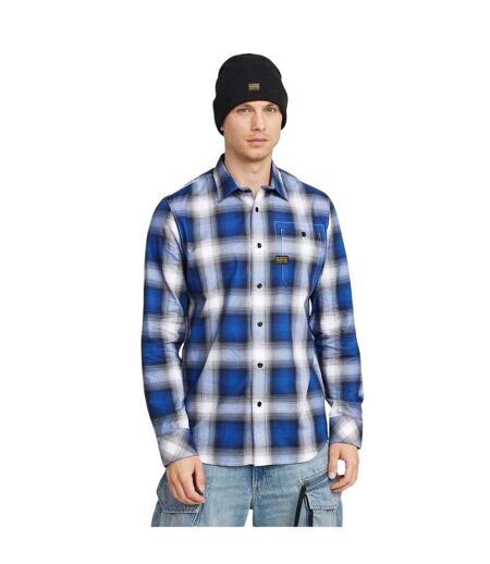 Mens Plaid Slim Long-sleeved Shirt Deep Blue G-Star
