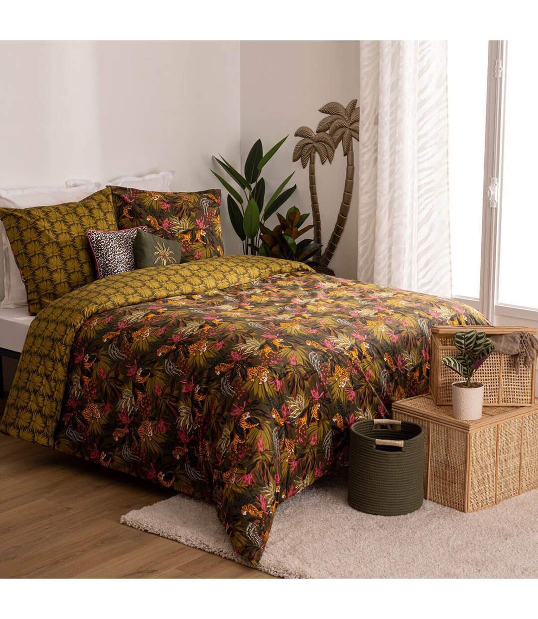 Parure de Lit 3 Pièces Jungle tropical Boudoir 240x220cm Kaki-1