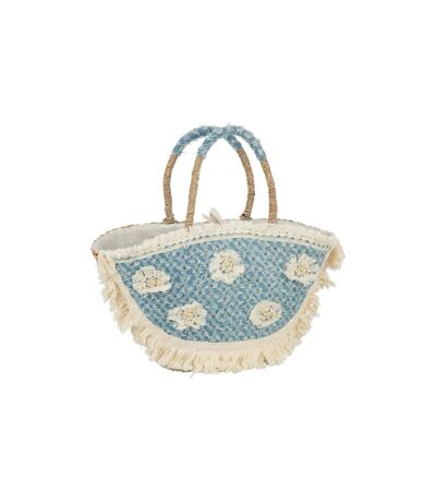 Sac de Plage Fleurs Denim 59cm Naturel & Bleu