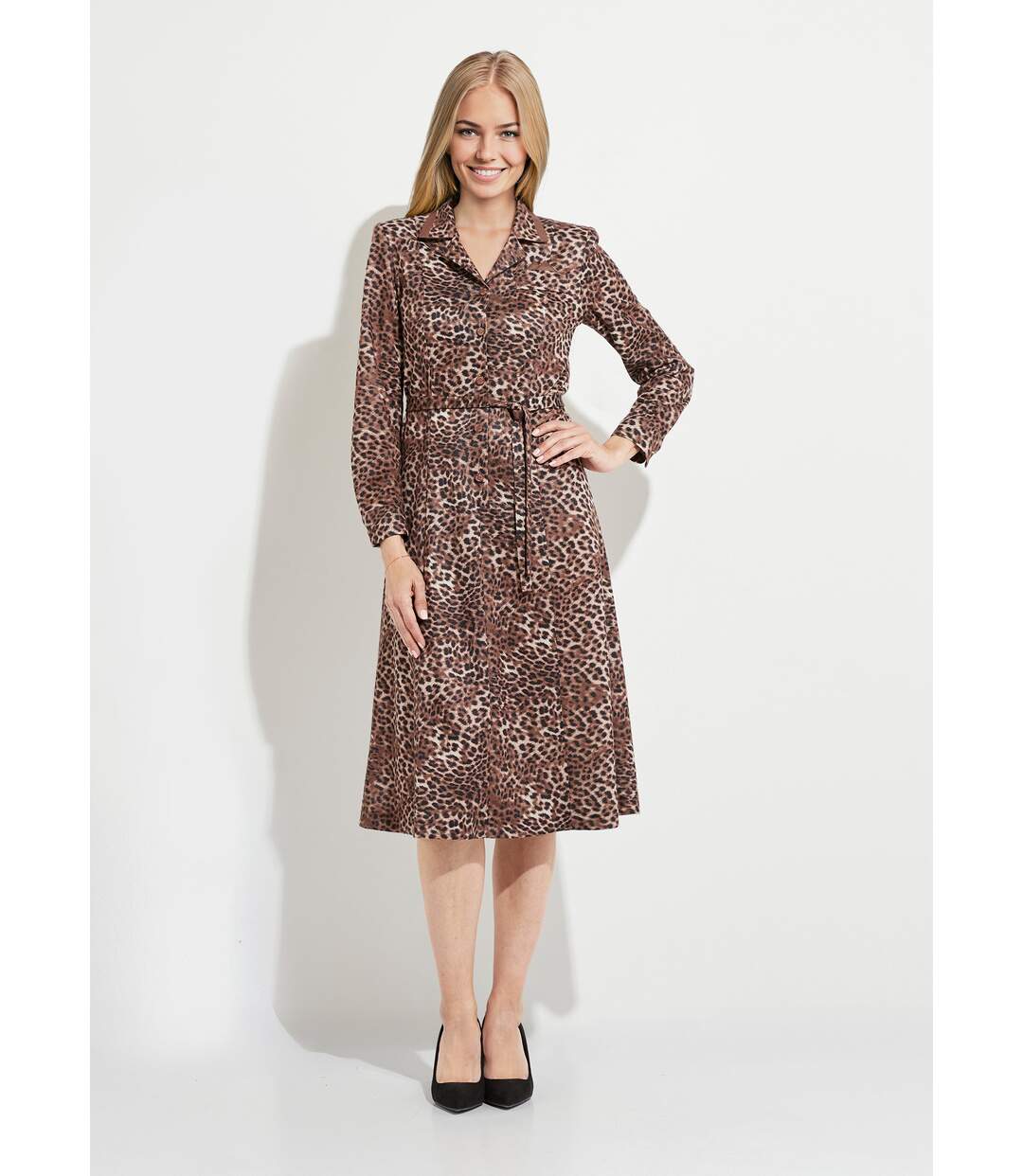 Robe mi longue col tailleur imprimé léopard-1