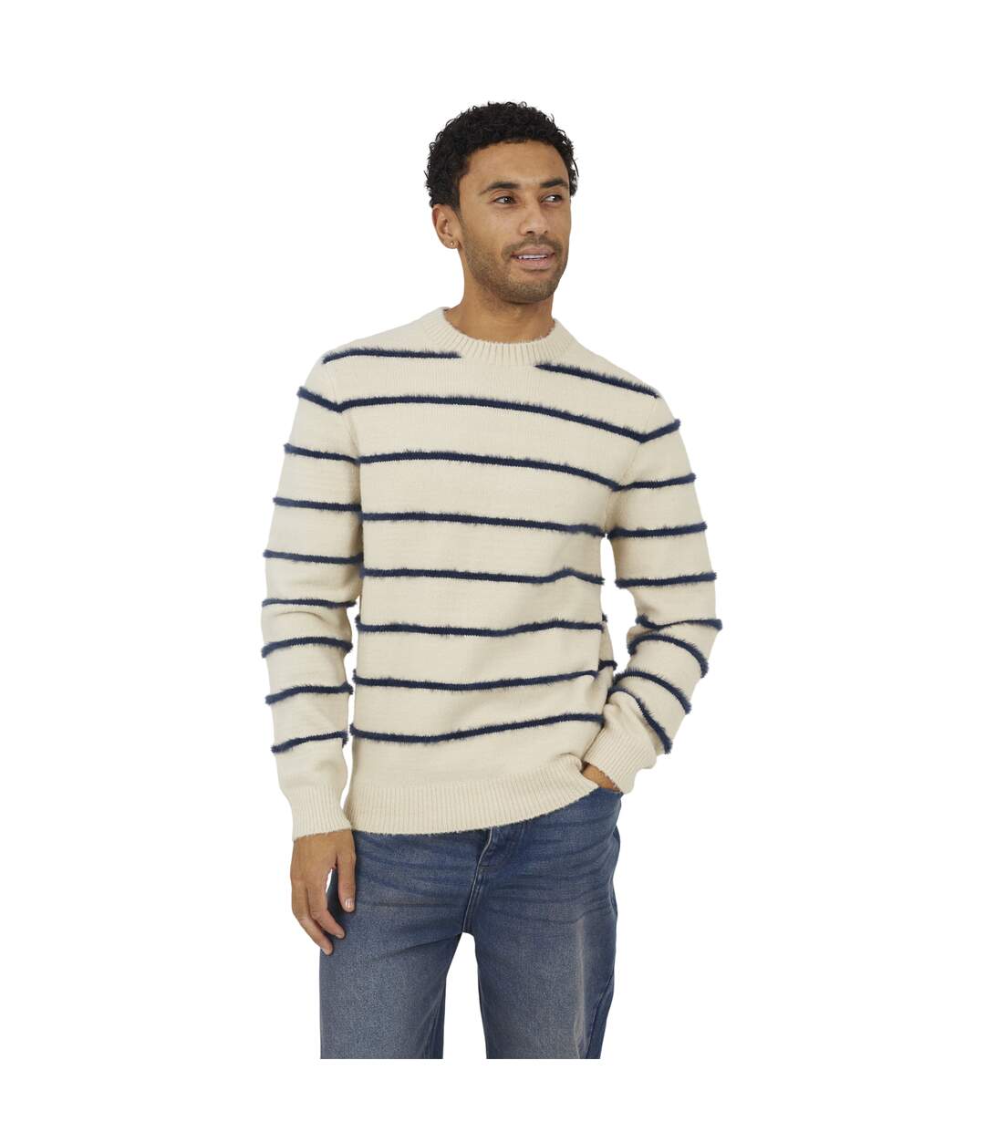 Sweat Manches Longues Motif/style Rayé Homme Écru Bleu Marine Brave Soul-2