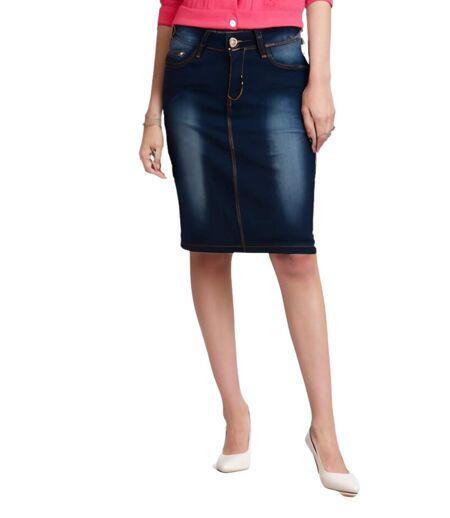 Jupe femme courte en jean - Coupe droite couleur bleu brut usé