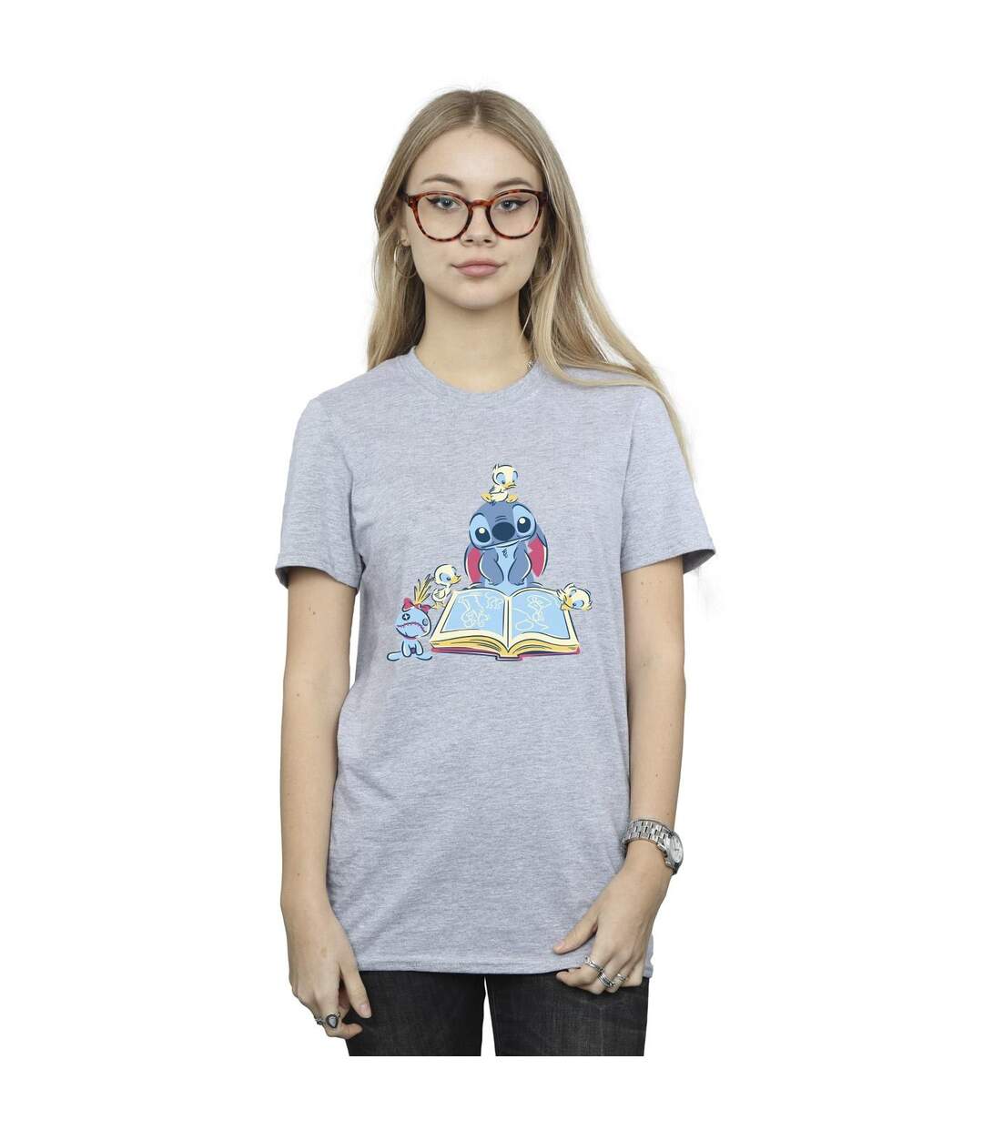 Disney Femmes/Les femmes Lilo & Stitch Reading A Book Cotton Boyfriend T-Shirt (Gris sportif) - UTBI30078-2