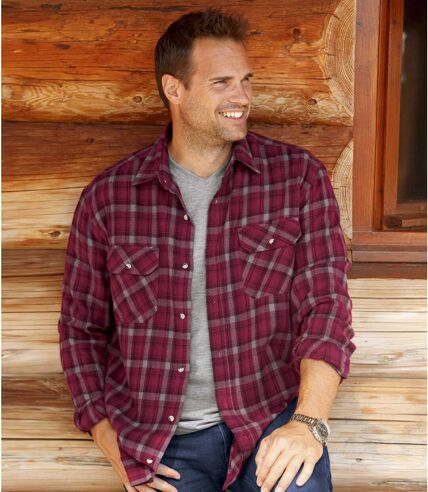 Men's Checked Flannel Shirt - Burgundy Grey Charcoal