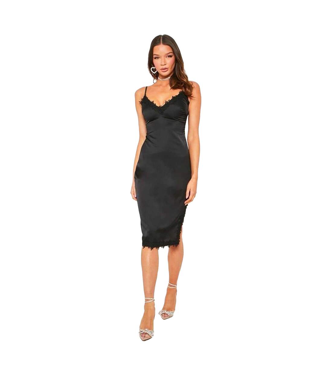 Womens/ladies Lace Detail Side Slit Midi Dress Black Missy Empire-2