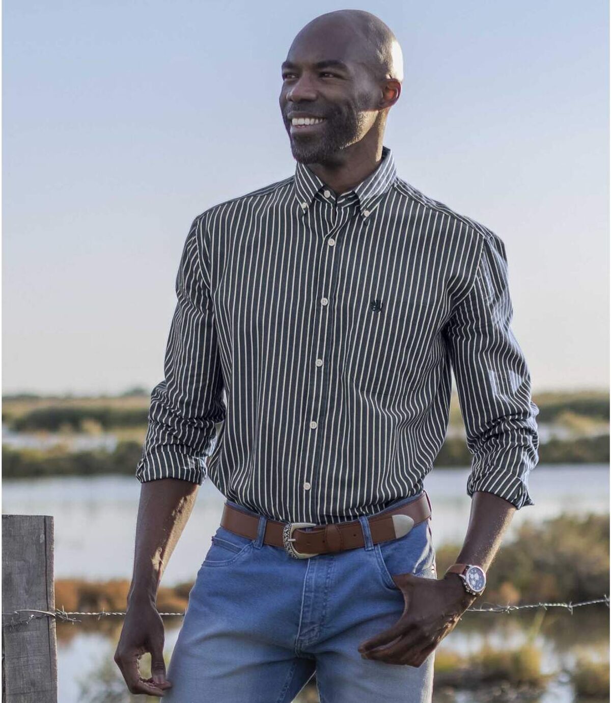Men's Navy Striped Poplin Shirt Atlas For Men