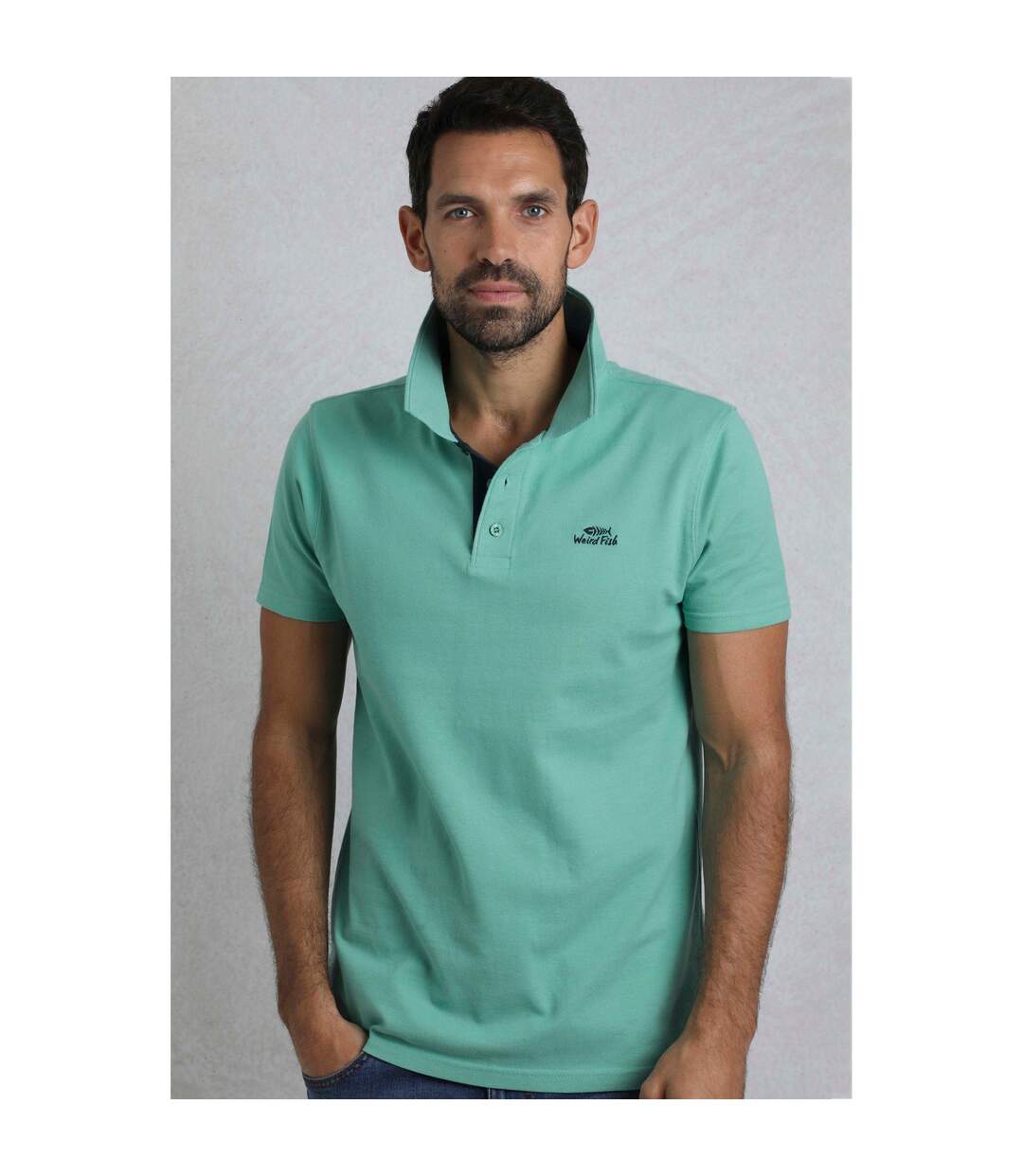 Mens miles pique organic polo shirt aqua marine Weird Fish-3