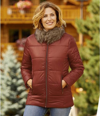 Women's Terracotta Padded Jacket - Faux Fur Collar