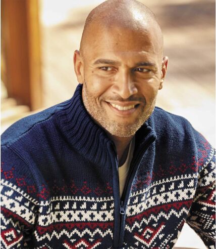 Men's Blue Half Zip Patterned Sweater 