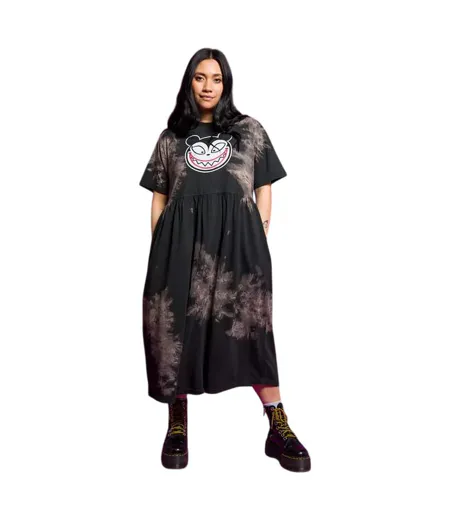 Womens/ladies Scary Teddy Midi Tie Dye Smock Dress Charcoal The Nightmare Before Christmas