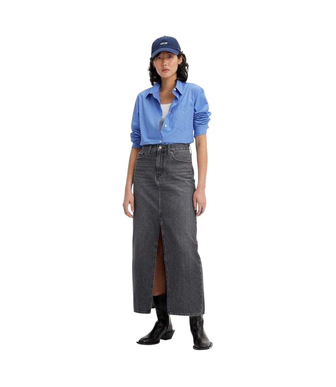 Womens/ladies Denim High Waist Maxi Skirt Black Levis-4