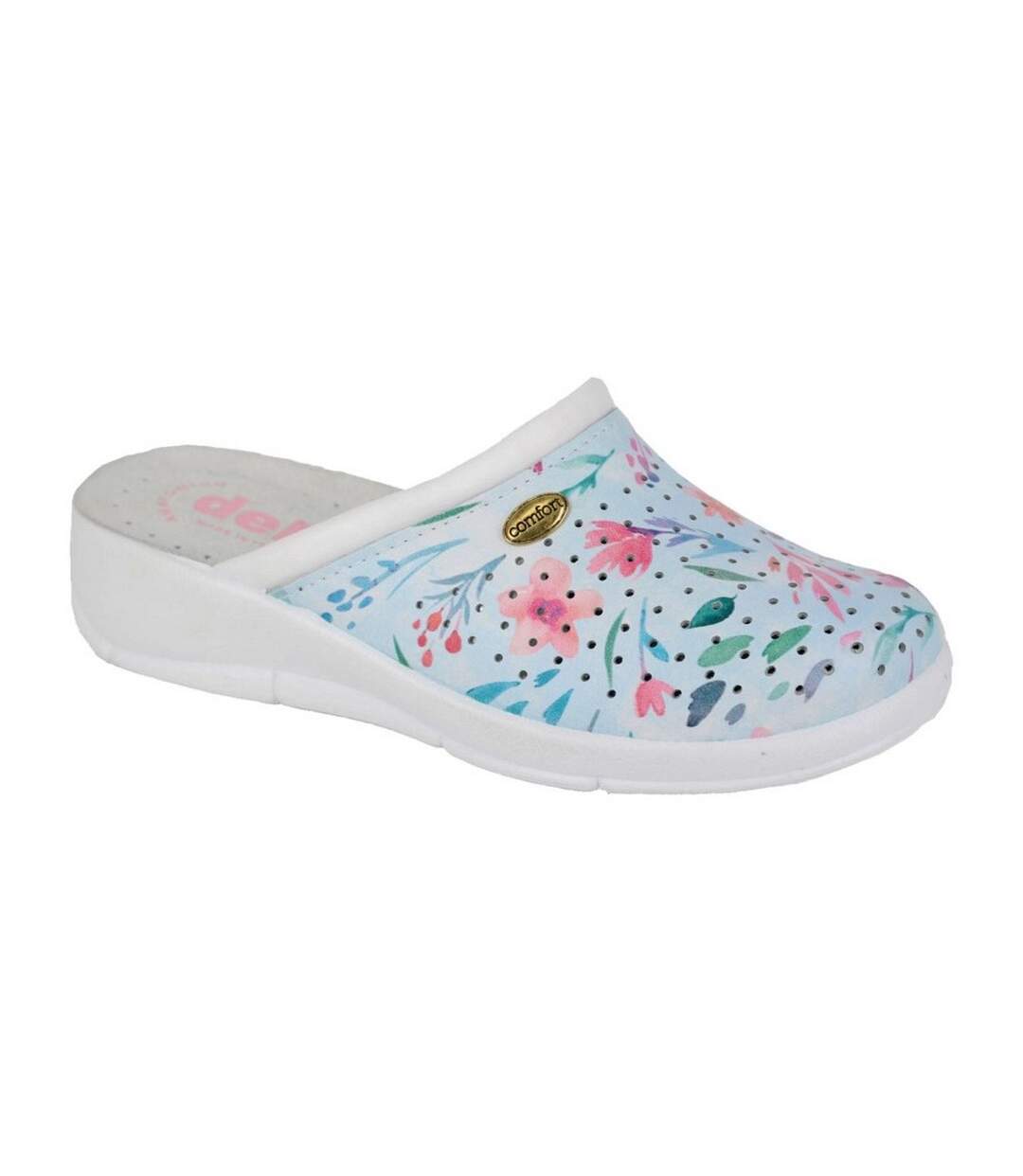 Womens/ladies floral leather clogs baby blue Dek-1