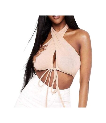 Womens/ladies Wrap Halter Neck Crop Top Beige Missy Empire