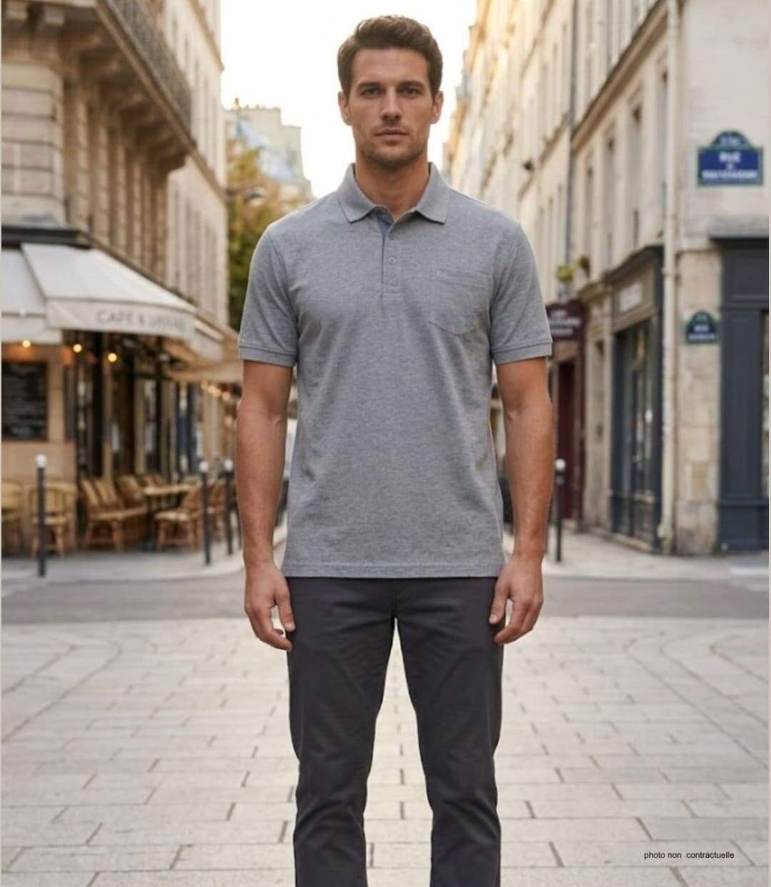 CHALLENGER RUSTICO1 : Polo manches courtes gris chiné en maille piquée 100% coton et détails chambray-5