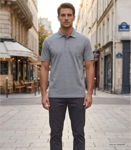 CHALLENGER RUSTICO1 : Polo manches courtes gris chiné en maille piquée 100% coton et détails chambray