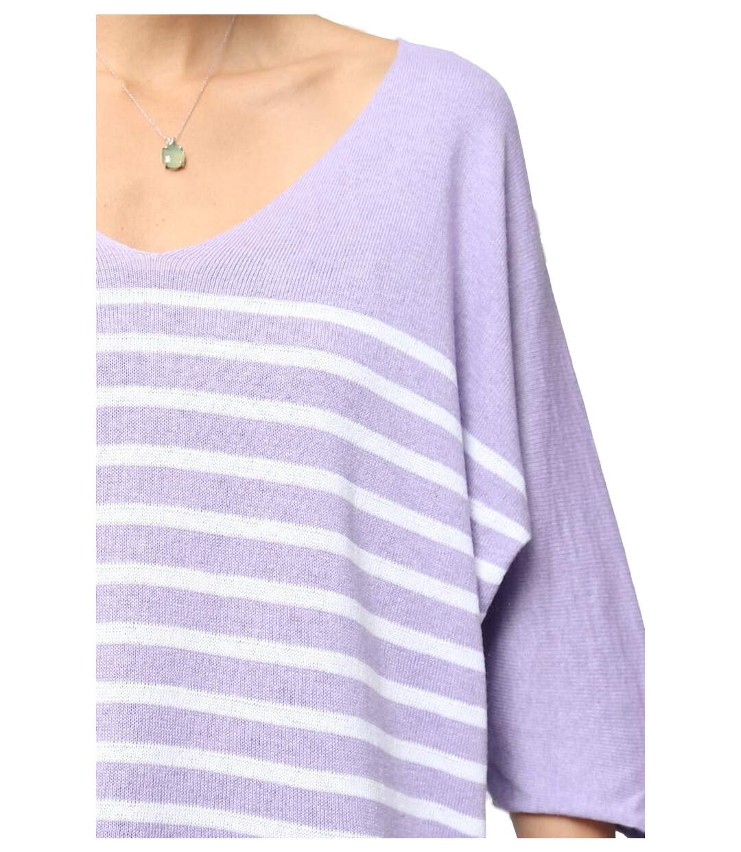 Pull femme rayé - Pull col en V - Manches 3/4 - Couleur violet