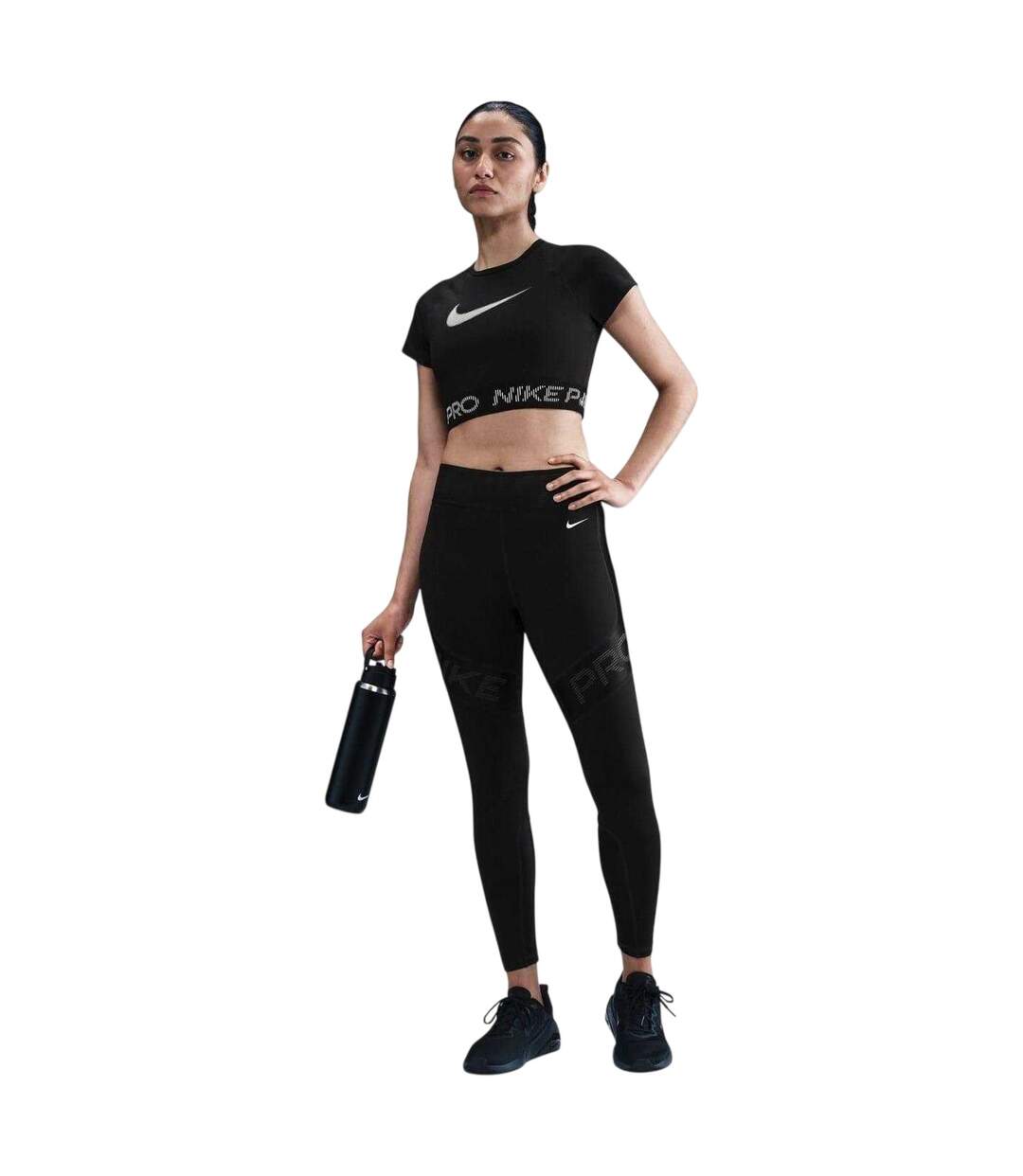 Womens/ladies Dri-fit Cropped Sports Top Black White Nike-1