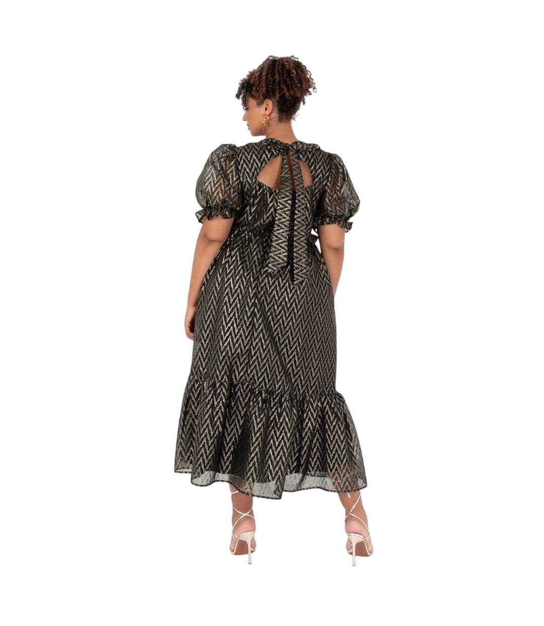 Robe Mi-longue Manches Courtes Motif/style Chevron Femme Jaune Or Lovedrobe-2