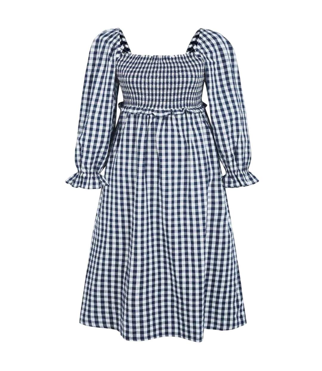 Robe Mi-longue Manches Longues Motif/style À Carreaux Femme Bleu Marine Blanc Miso-1