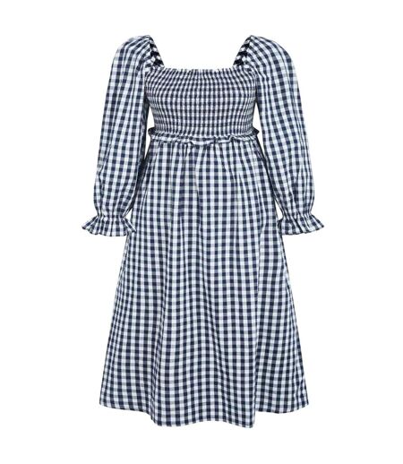 Robe Mi-longue Manches Longues Motif/style À Carreaux Femme Bleu Marine Blanc Miso