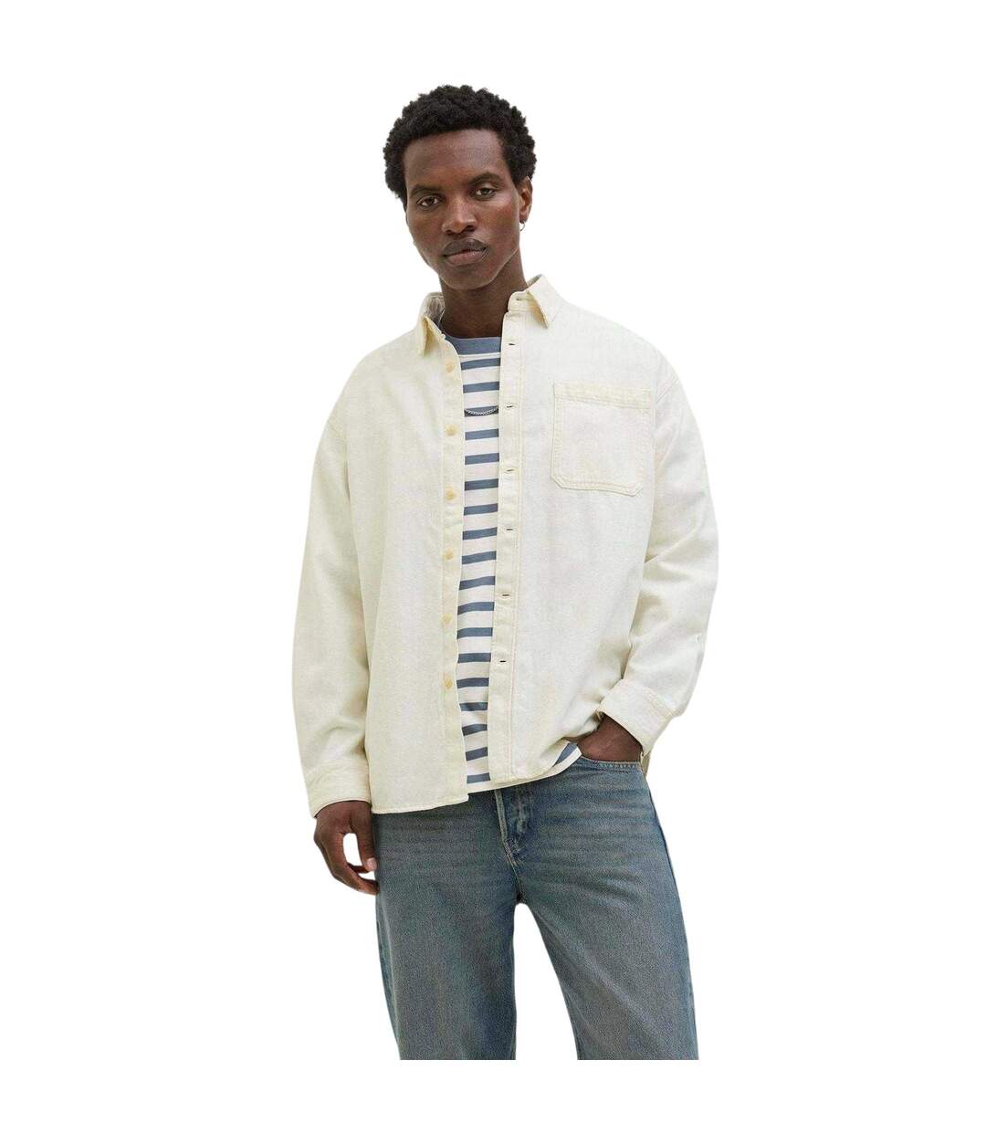 Mens Plain Denim Collared Long-sleeved Shirt Ecru Jack And Jones-4