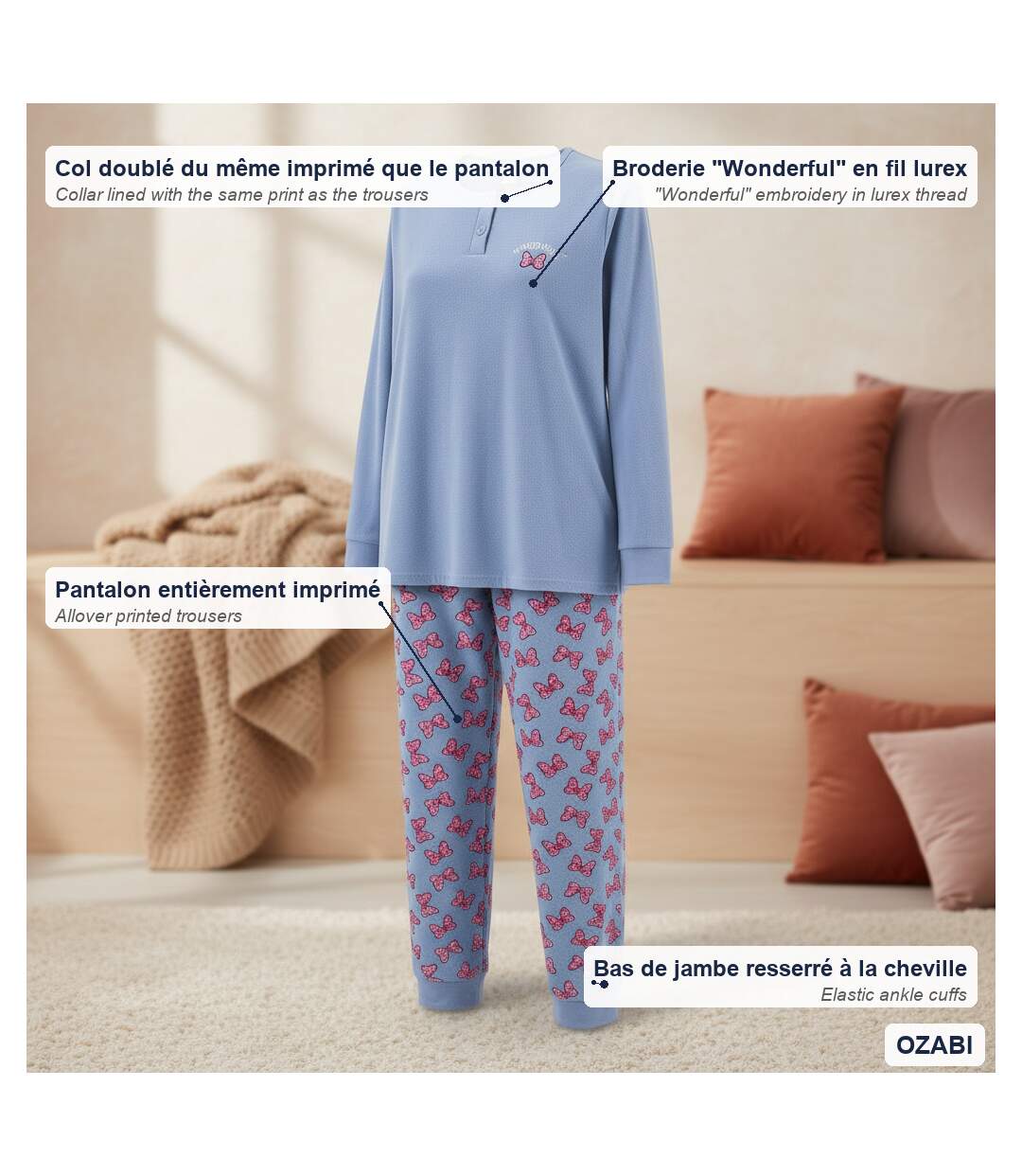 OZABI Ensemble Pyjama Femme Coton Doublé Polaire Broderie Lurex-5